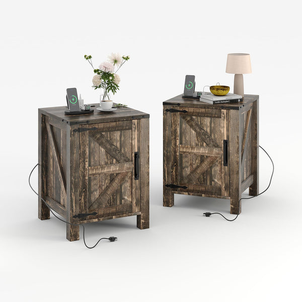 Farmhouse Nightstand with Charging Station & Sliding Barn Door
