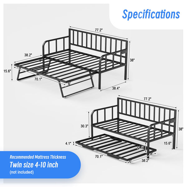 Twin to King Pop-Up Trundle Daybed with LED Lights & Charging Station
