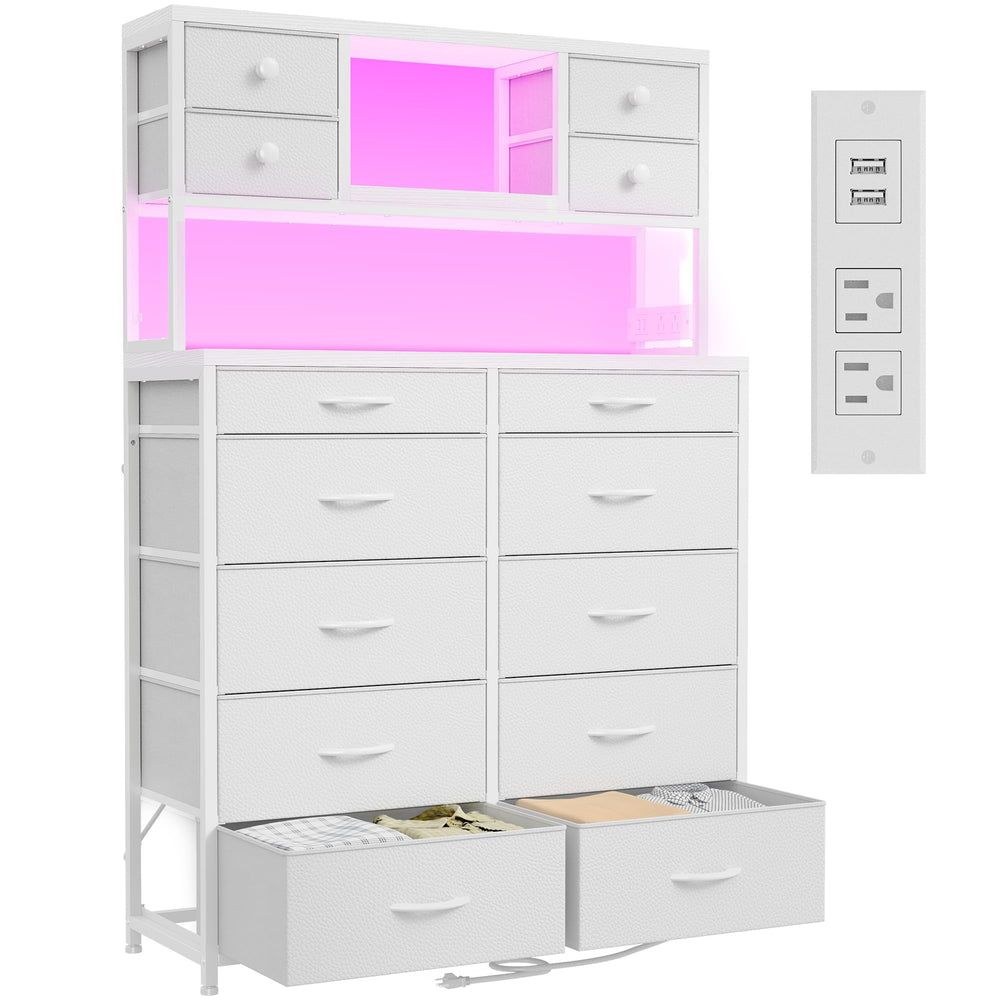 62.8" H Bedroom Dresser with 14 Fabric Drawers, LED Lights & Charging Station
