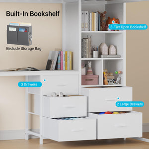 Full Size Loft Bed with L-Desk, Bookshelf & Storage