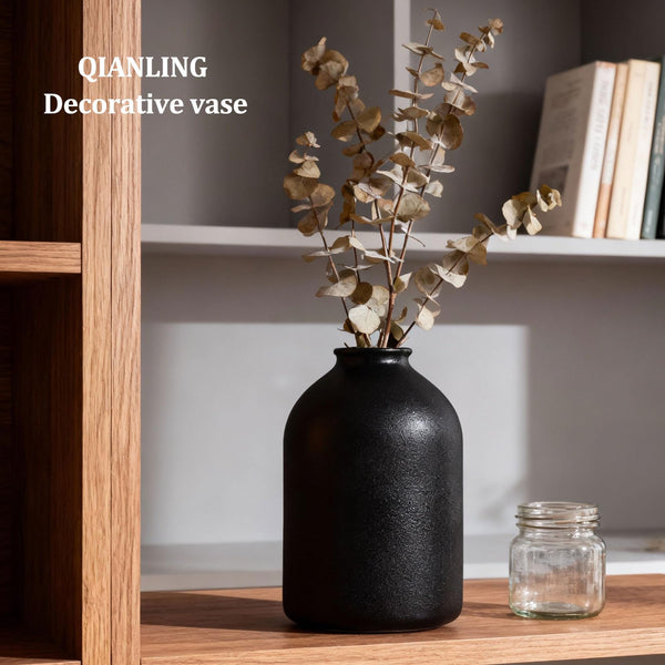 Black Ceramic Vase – Matte Finish, 8.6" Tall