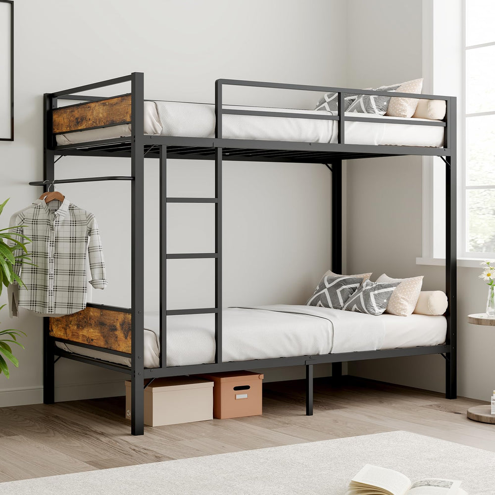 Twin Over Twin Metal Bunk Bed with Clothes Rail & Under-Bed Storage