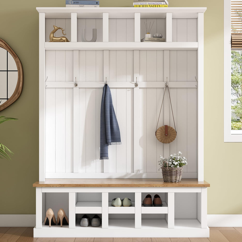 Farmhouse Hall Tree with Bench & Shoe Storage