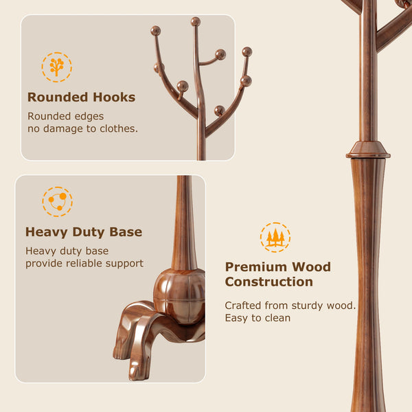 Freestanding Wood Coat Rack with 8 Hooks