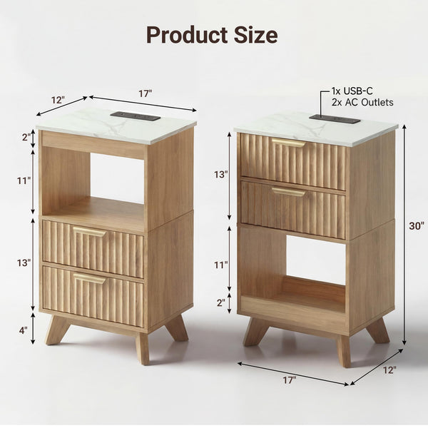 Fluted Nightstand with Charging Station & 2 Drawers