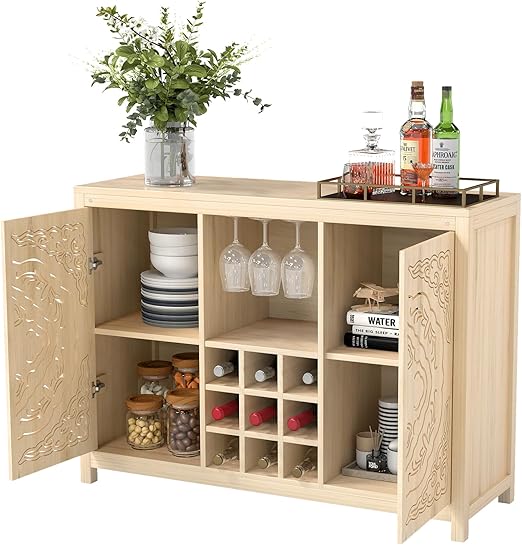 47" Wine Bar Cabinet with 2 Doors, Wine Rack, Glass Holder & Storage – White