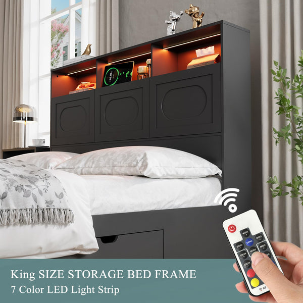 Queen Bed Frame with Storage Headboard, Drawers & Charging Station