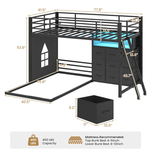 Twin Over Twin L-Shaped Low Bunk Bed with Storage & LED Lights