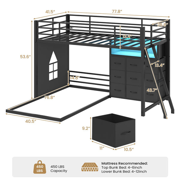 Twin Over Twin L-Shaped Low Bunk Bed with Storage & LED Lights