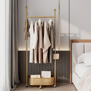 Gold Metal Garment Rack with Storage Basket