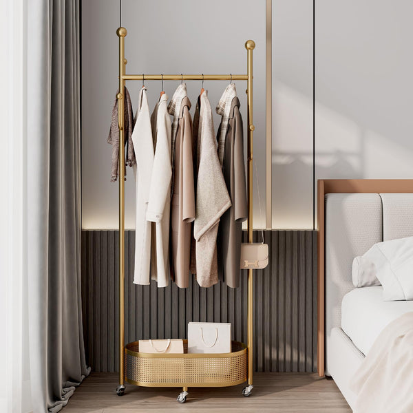 Gold Metal Garment Rack with Storage Basket