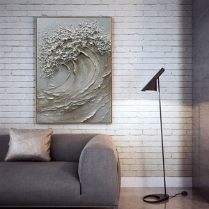 3D Textured Wave Canvas Wall Art – 24x36 Hand-Painted Oil Painting with Wood Frame