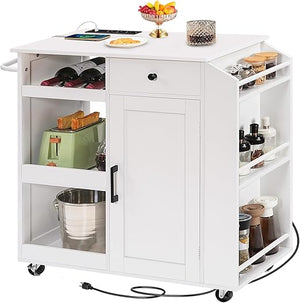Rolling Kitchen Island Cart with Power Outlet, Drawer, Wine Rack & Spice Rack