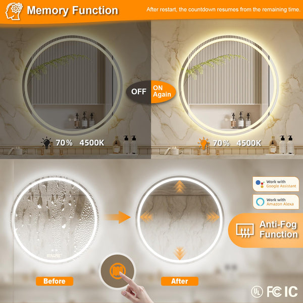Round Smart LED Bathroom Mirror with WiFi, Anti-Fog & Dimming