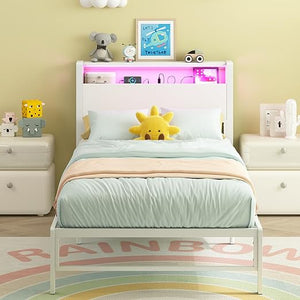Twin Bed Frame with Storage Headboard, LED Light & Charging Station