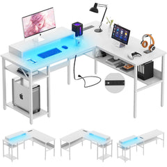 L-Shaped Computer Desk with Power Outlets & Monitor Stand