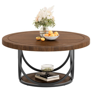 Round Coffee Table with Storage Shelf, 2-Tier Metal Frame