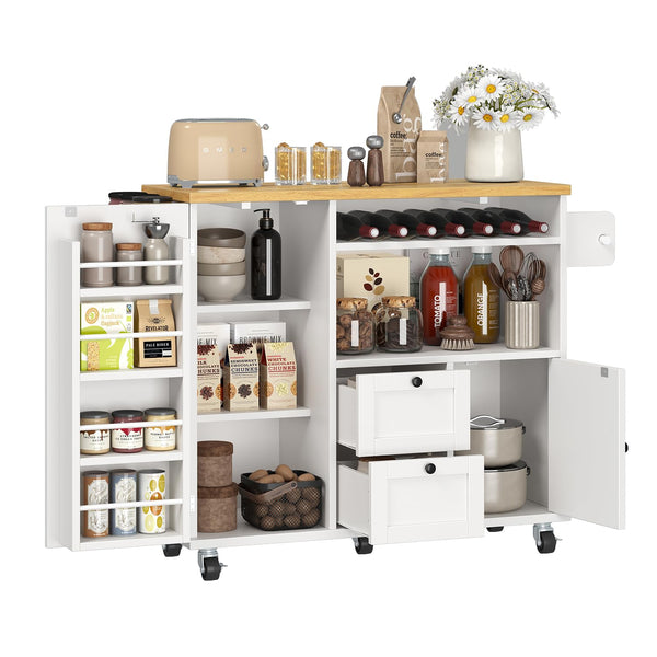 Rolling Kitchen Island with Storage, Drop-Leaf Countertop & Towel Rack