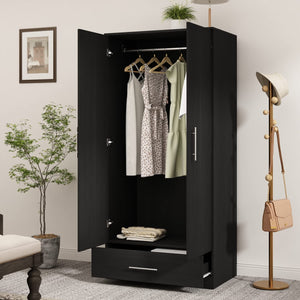 2-Door Wardrobe Armoire with Drawer & Hanging Rod