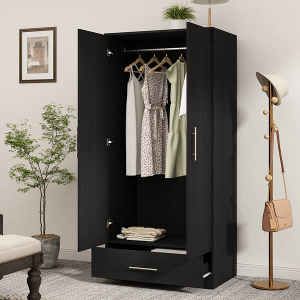 2-Door Wardrobe Armoire with Drawer & Hanging Rod