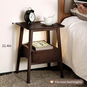 Mid-Century Modern Bamboo Nightstand with Drawer & Open Shelf