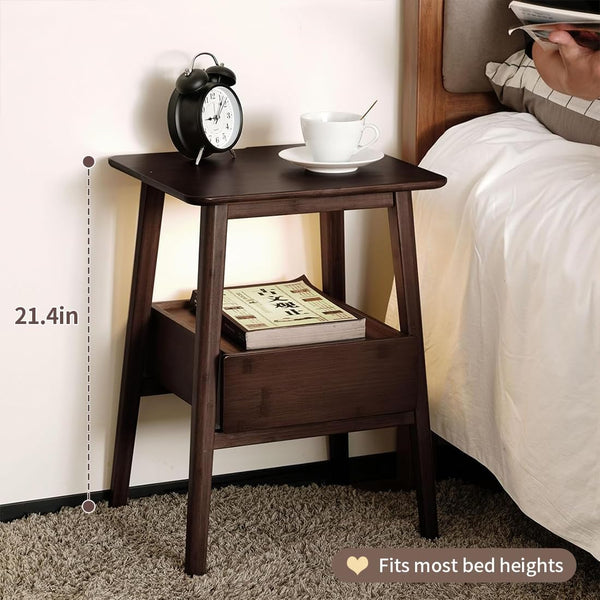 Mid-Century Modern Bamboo Nightstand with Drawer & Open Shelf