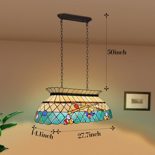Tiffany Stained Glass Pool Table Pendant Light – 3-Light Amber Green
