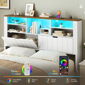 Queen Headboard with Storage, Charging Station & LED Lights