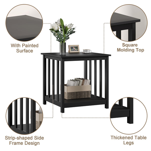 End Tables Living Room Set of 2 – Black Square Side Tables with 2-Tier Storage