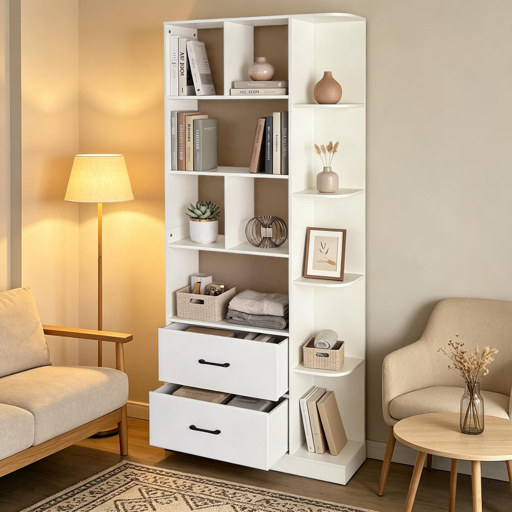 5-Tier Bookshelf with 2 Fabric Drawers – White & Black