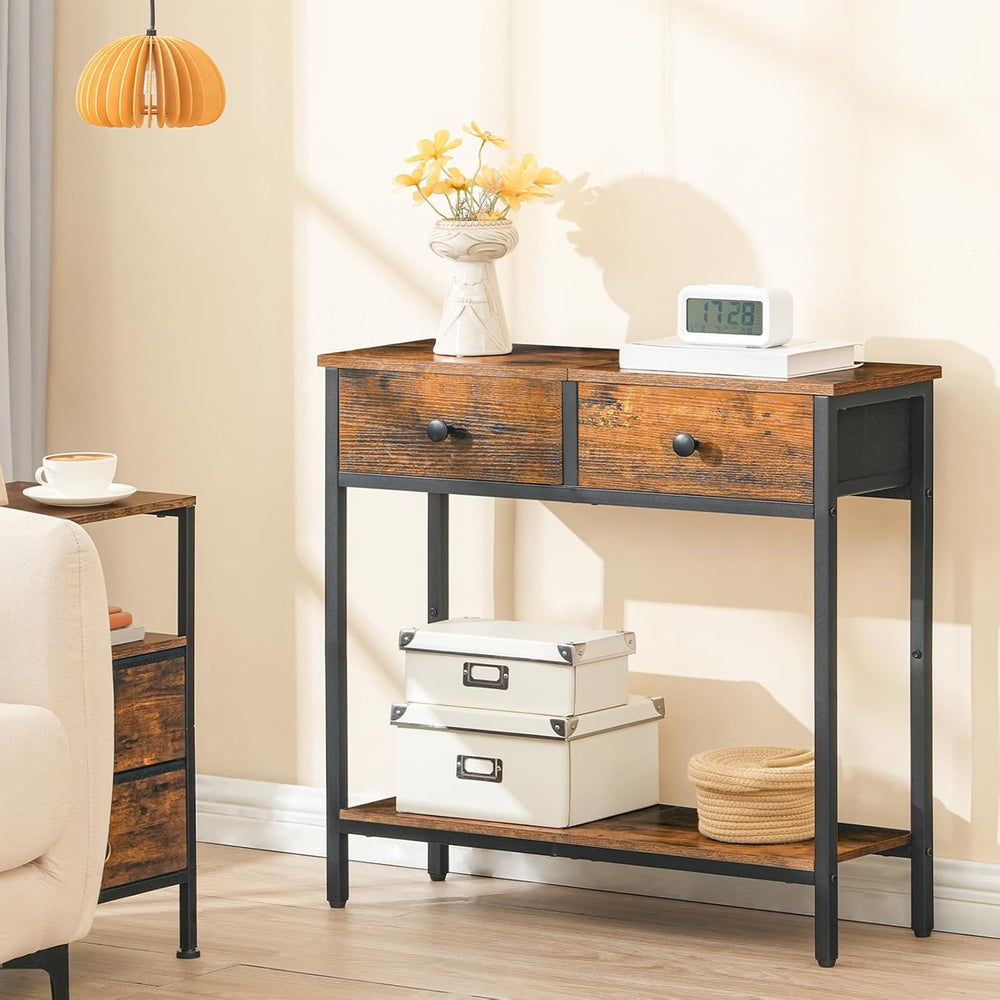 Narrow Console Table with 2 Fabric Drawers & 2-Tier Storage Shelves