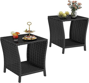 Outdoor Wicker Side Table Set of 2 with Tempered Glass Top & Storage Shelf