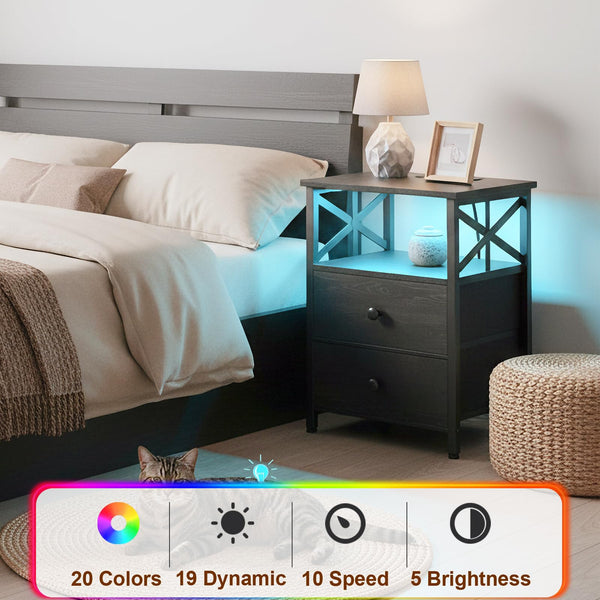 Nightstand Set of 2 with Charging Station & LED Lights