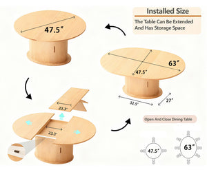 63 Inch Extendable Round Dining Table with 2-Tier Storage Shelf