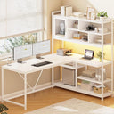L-Shaped Computer Desk with LED Light and Bookshelf