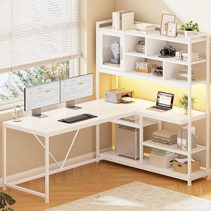 L-Shaped Computer Desk with LED Light and Bookshelf