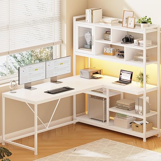 L-Shaped Computer Desk with LED Light and Bookshelf