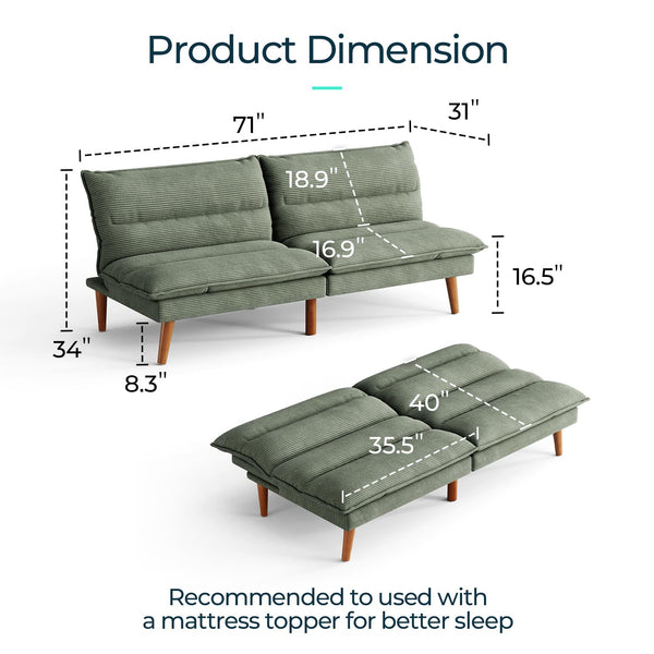 Corduroy Futon Sofa Bed with Adjustable Backrest