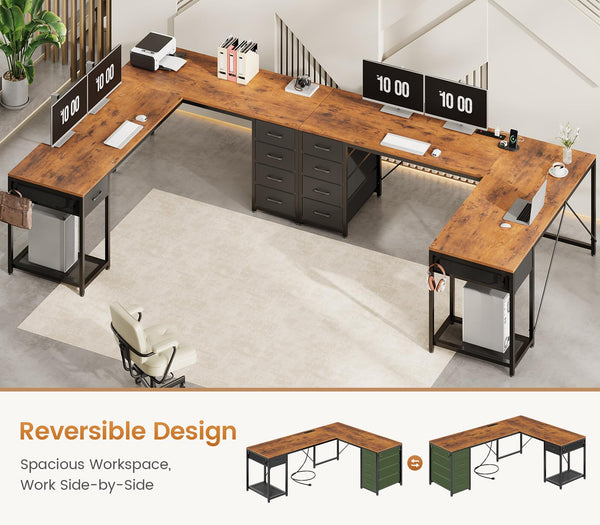 L-Shaped Desk with Drawers & Power Strip
