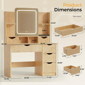 Fluted Vanity Desk with LED Mirror & 6 Drawers
