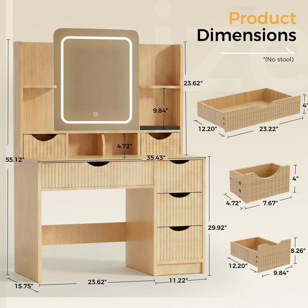 Fluted Vanity Desk with LED Mirror & 6 Drawers