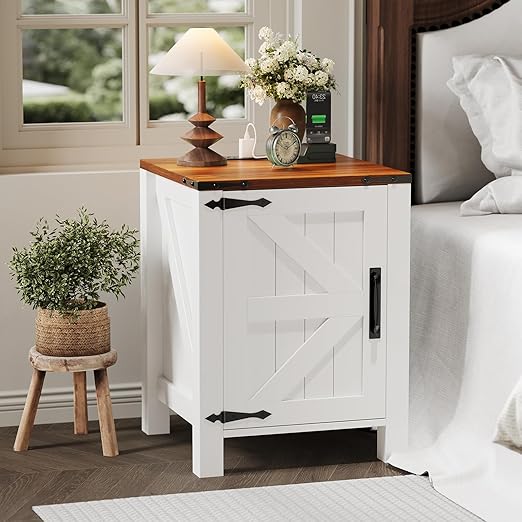 Farmhouse Nightstand with Charging Station & Sliding Barn Door