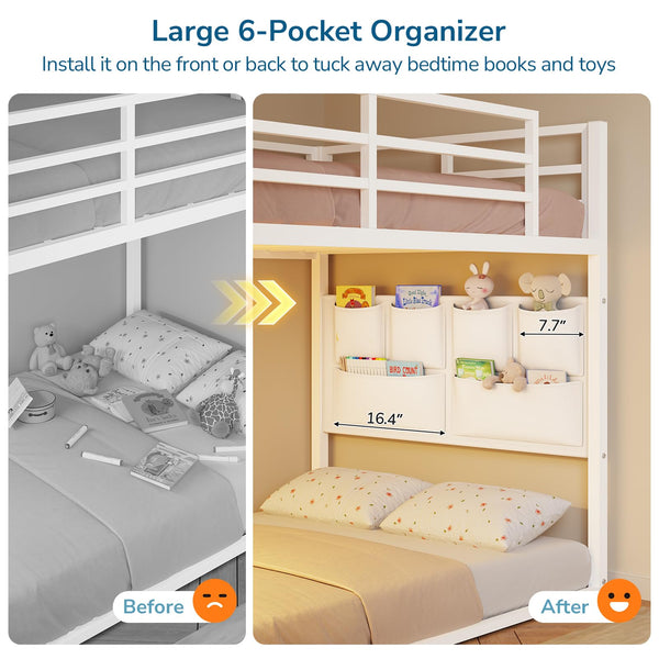 Twin Over Twin Low Bunk Bed with Storage Drawers and LED Lights