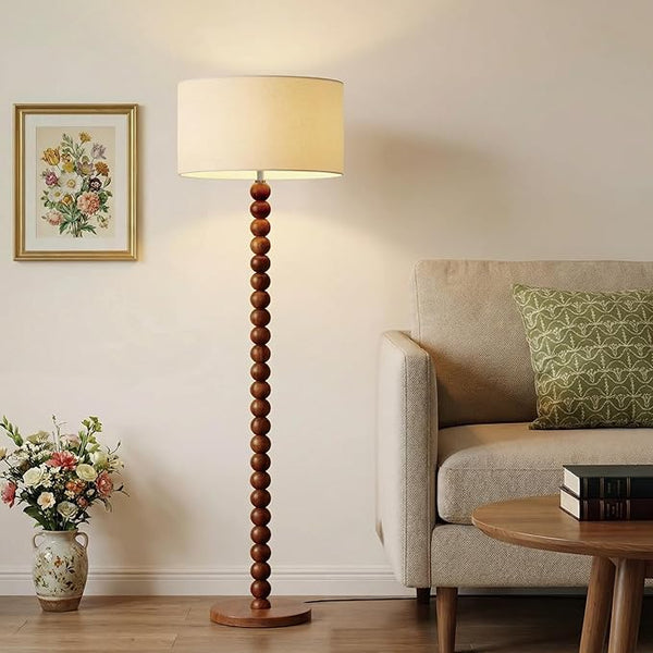 61" Beaded Wood Floor Lamp with Linen Shade