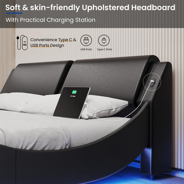 California King LED Bed Frame with USB Ports | Faux Leather Low Profile Platform Bed