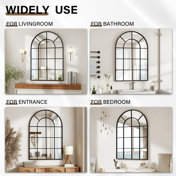Arched Grid Wall Mirror – Black Metal Frame