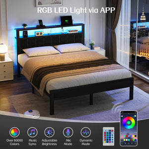 Queen Platform Bed Frame with LED Lights & Charging Station