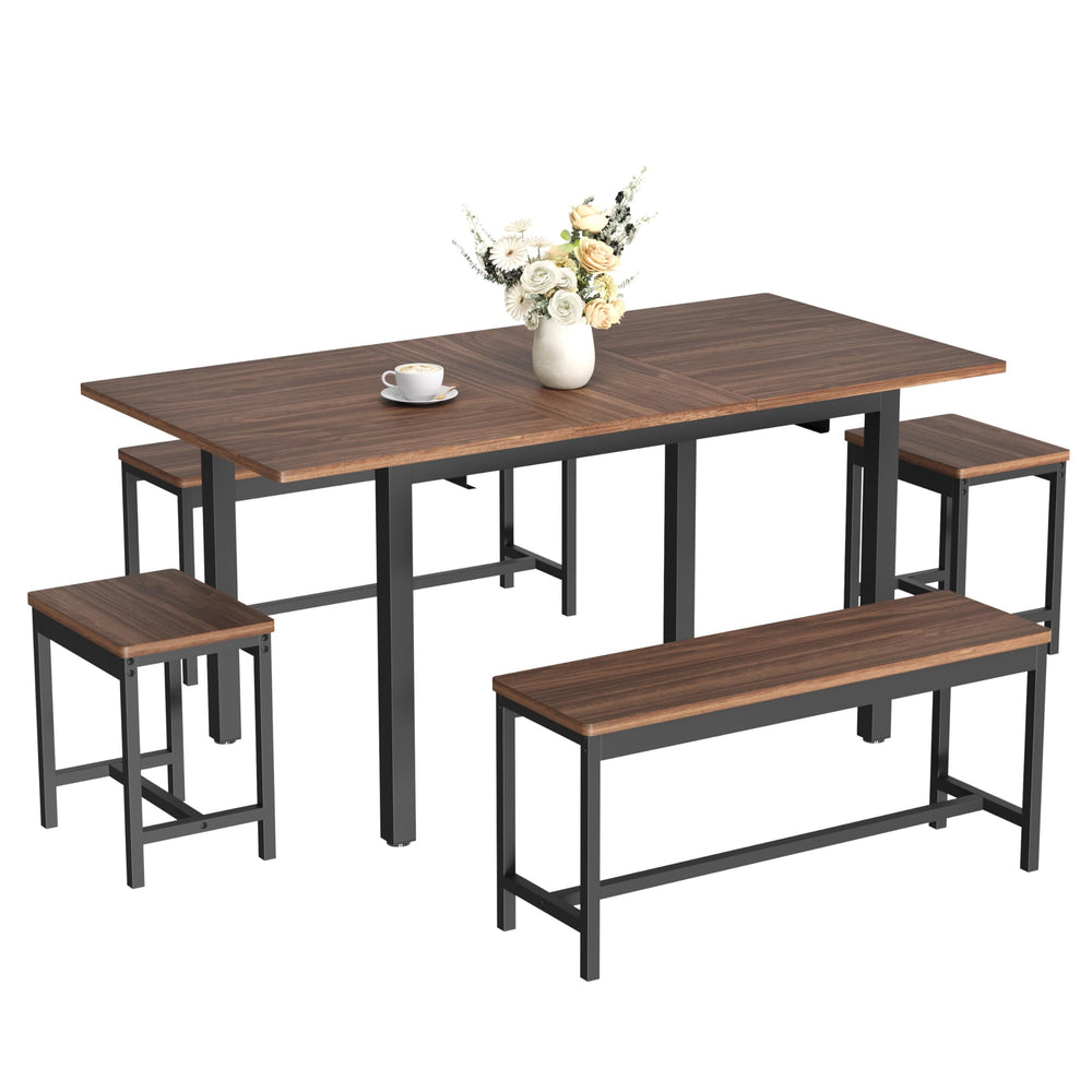 5-Piece Extendable Dining Table Set with Benches and Stools