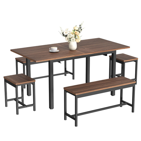 5-Piece Extendable Dining Table Set with Benches and Stools