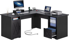 L-Shaped Desk with Power Outlets, File Drawer & Monitor Stand — 60 Inch Corner Office Desk